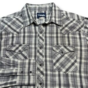 Wrangler Mens Plaid Snap Front Western Shirt Long Sleeve Gray Black White‎ Ranch